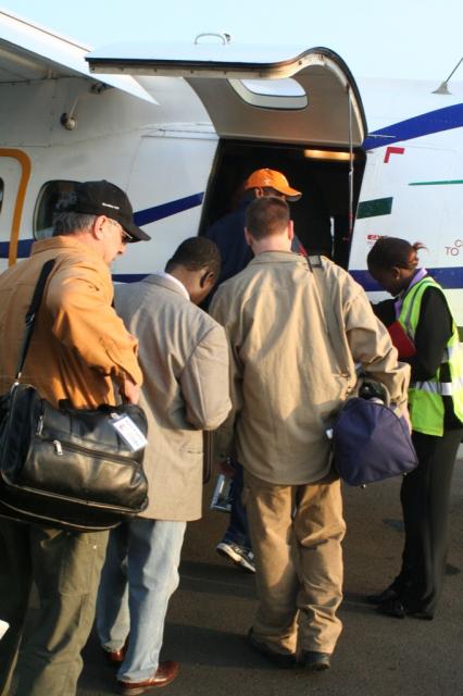 Pastors Terry and Mathew and David Campbell boarding our plane from Nairobi to Eldoret 